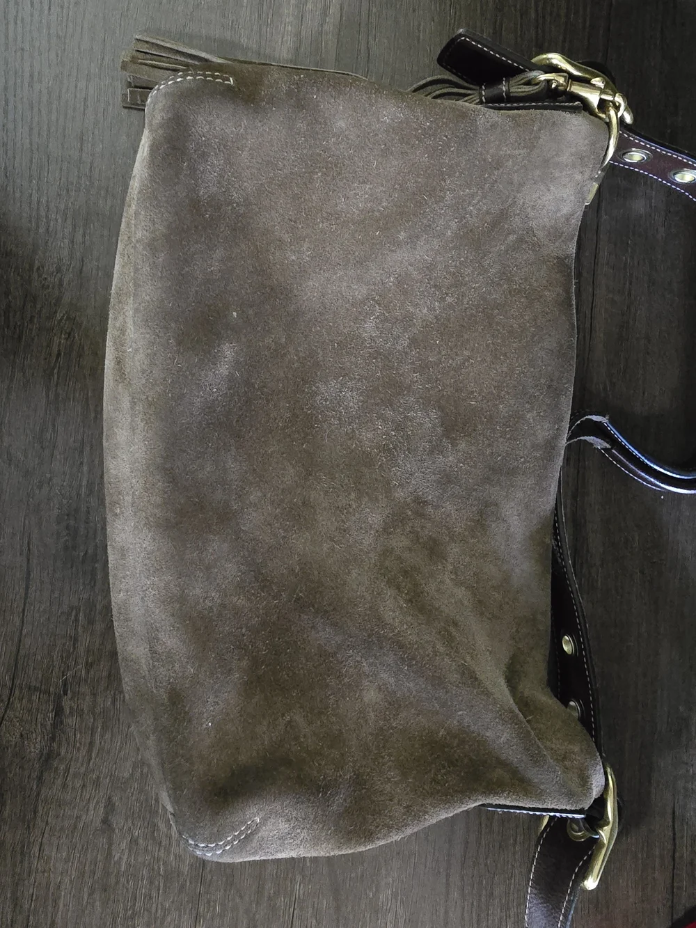 2005 Coach East West Tassel Taupe Suede Hobo Bag
